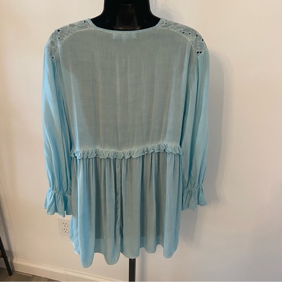 She + Sky Aqua Blue Peasant Ruffled Long Sleeve Mini Dress Size Medium - Picture 2 of 5
